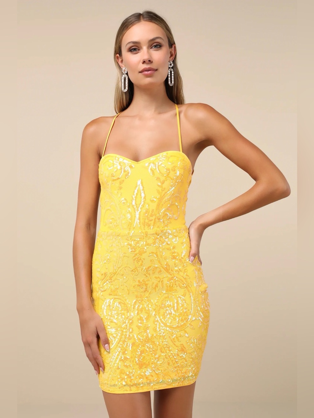 Shining Goddess Yellow Sequin Lace-Up Mini Dress
